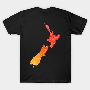 Colorful mandala art map of New Zealand with text in red and orange T-Shirt